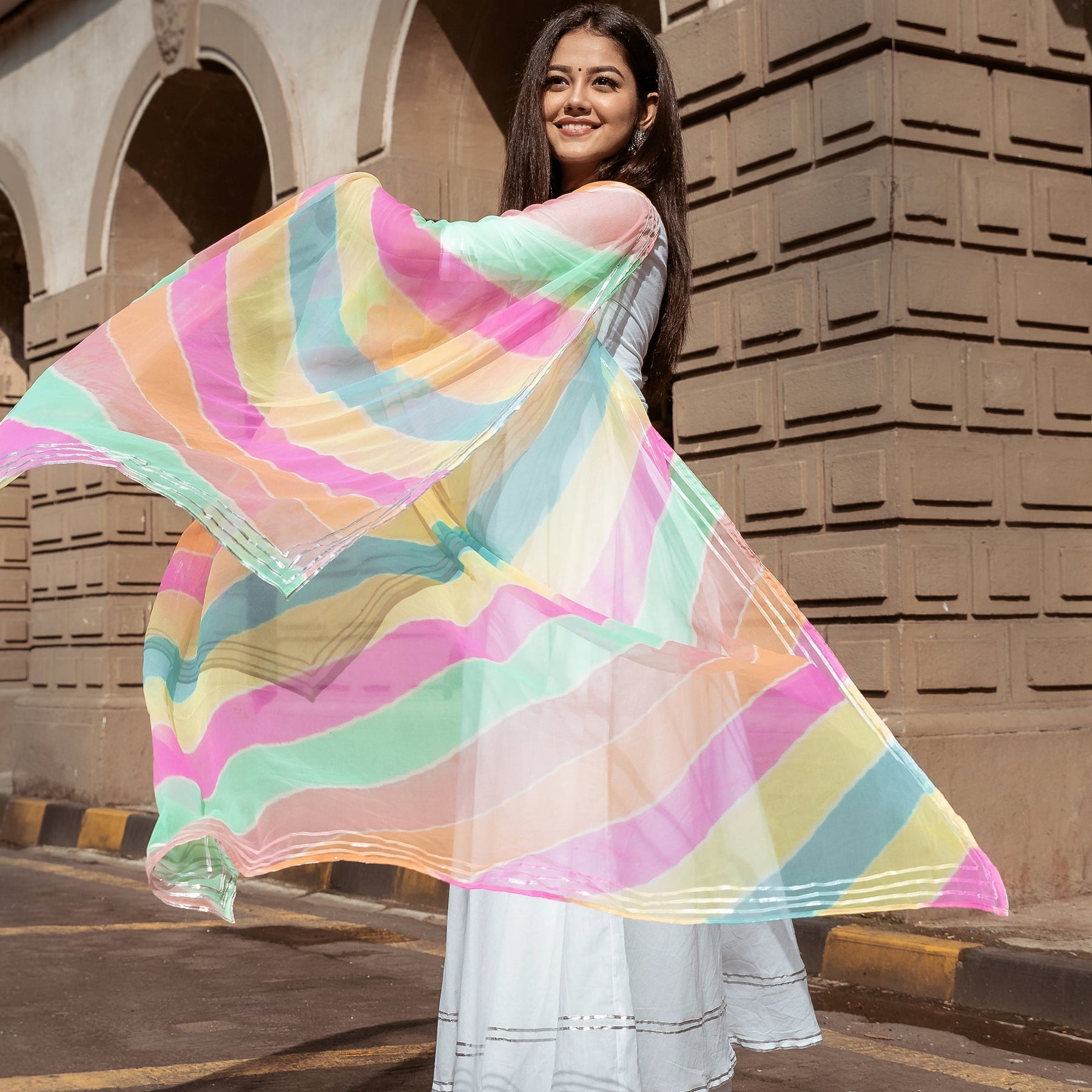 White Multi Colour Anarkali Set