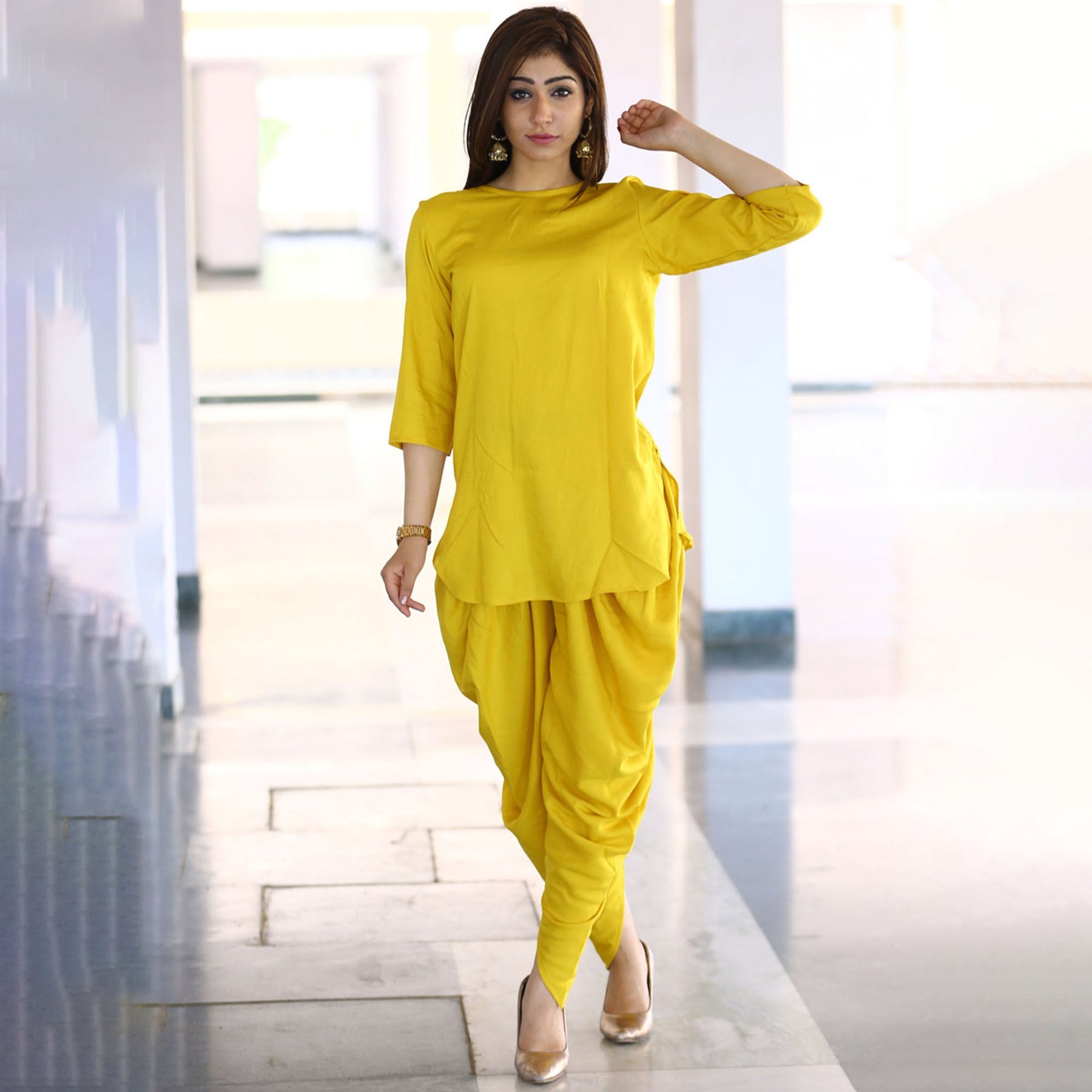 Rayon Yellow Dhoti Set