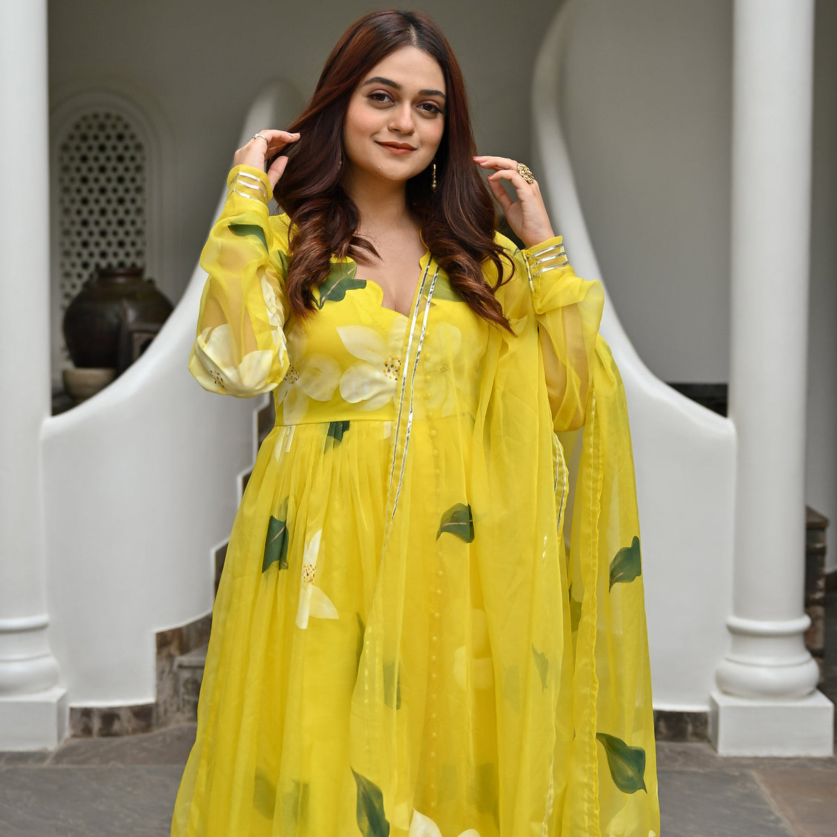 Yellow Handbrush Organza Anarkali Set