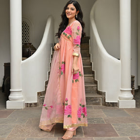 Peach Handbrush Organza Anarkali Set