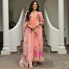 Peach Handbrush Organza Anarkali Set