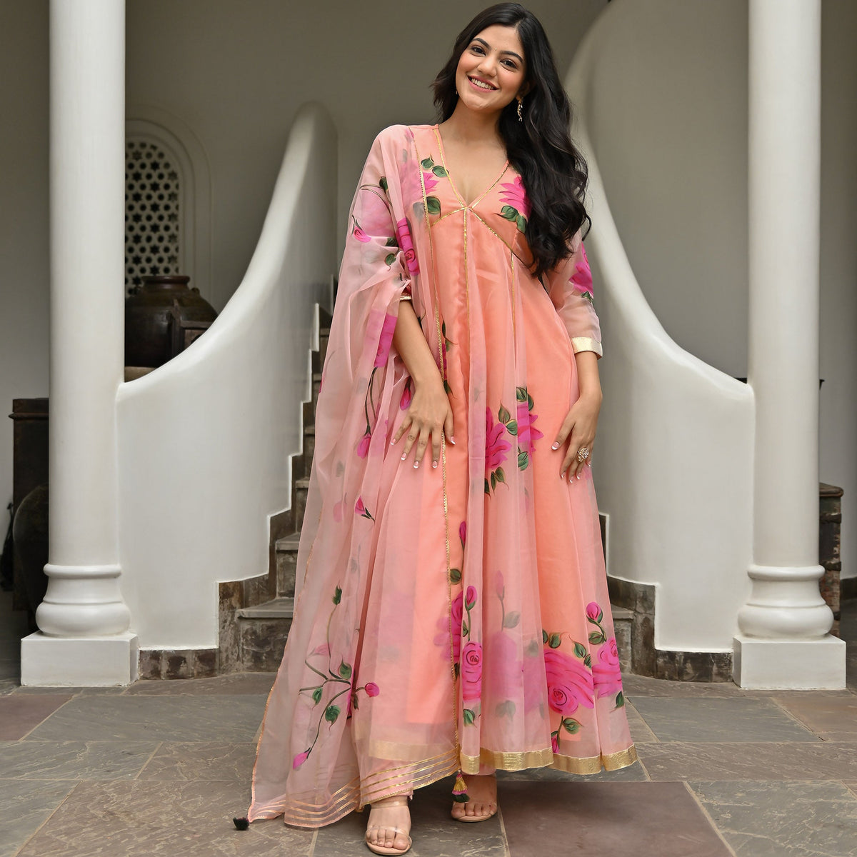 Peach Handbrush Organza Anarkali Set