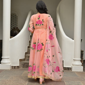 Peach Handbrush Organza Anarkali Set