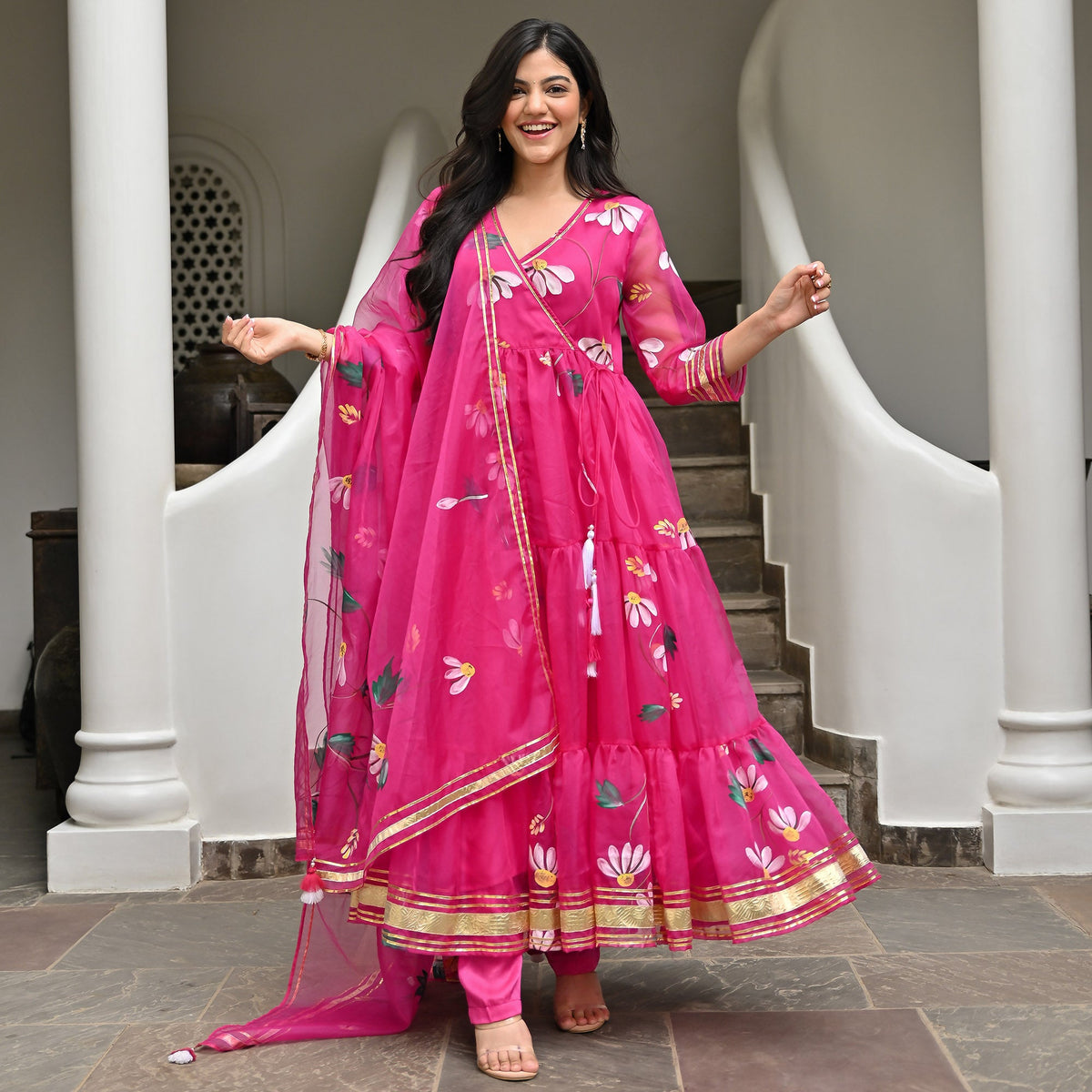 Magenta Handbrush Anarkali Set