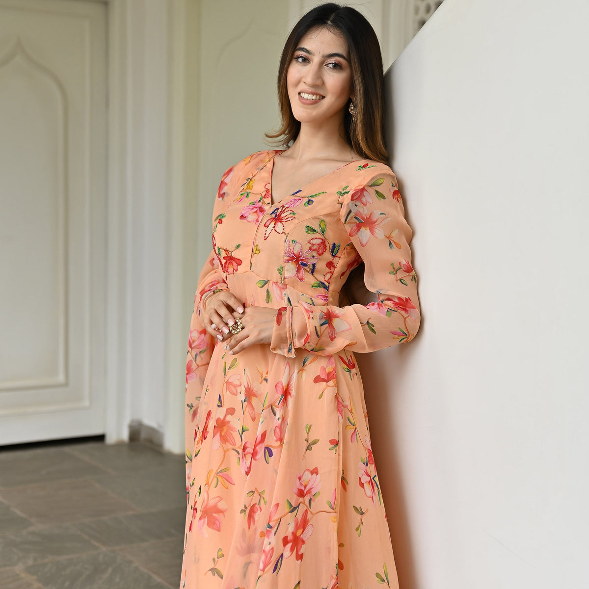 Peach Printed Anarkali