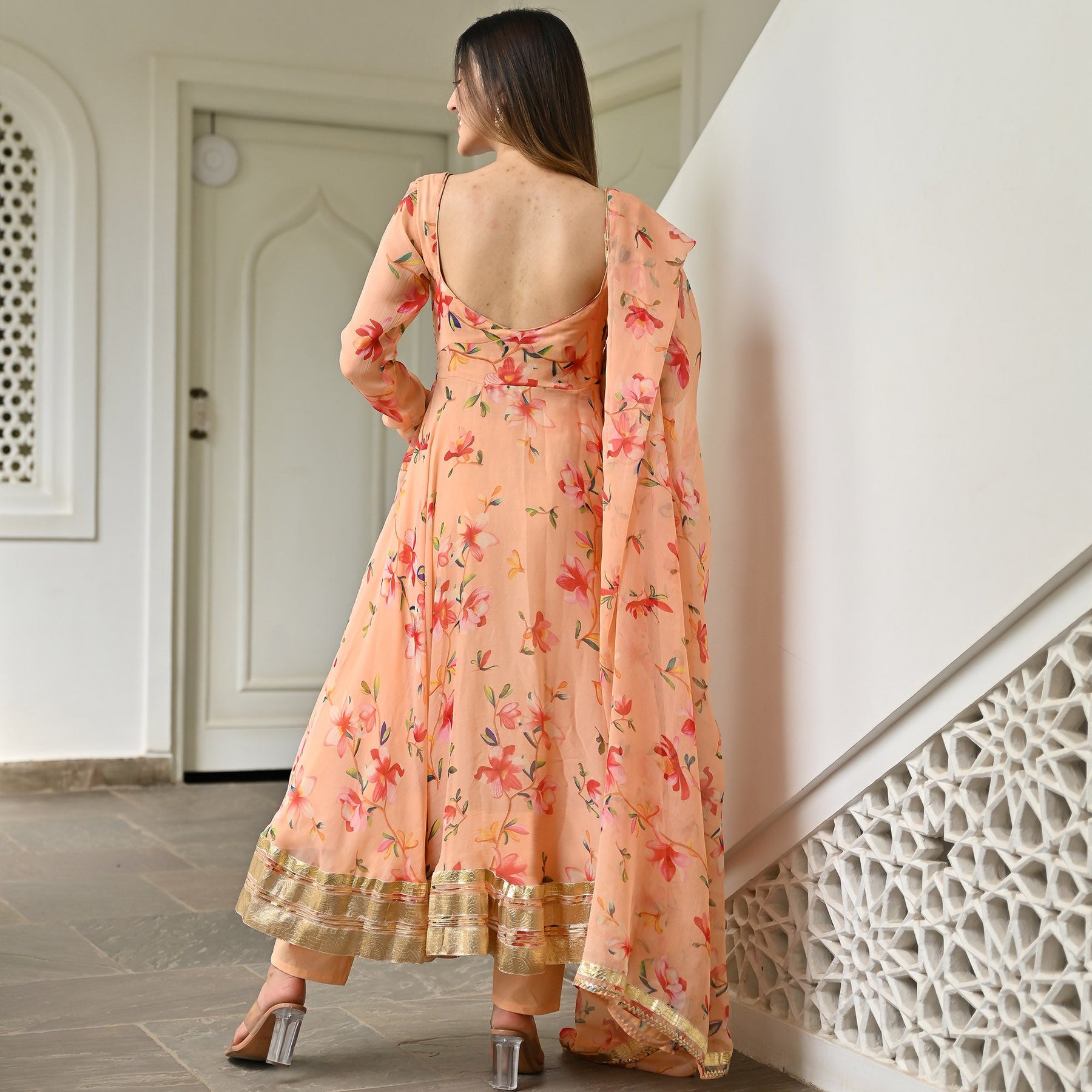 Peach Printed Anarkali