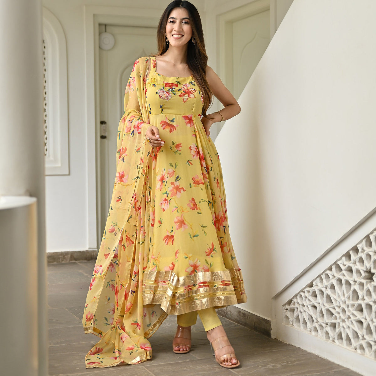 Yellow Printed Anarkali