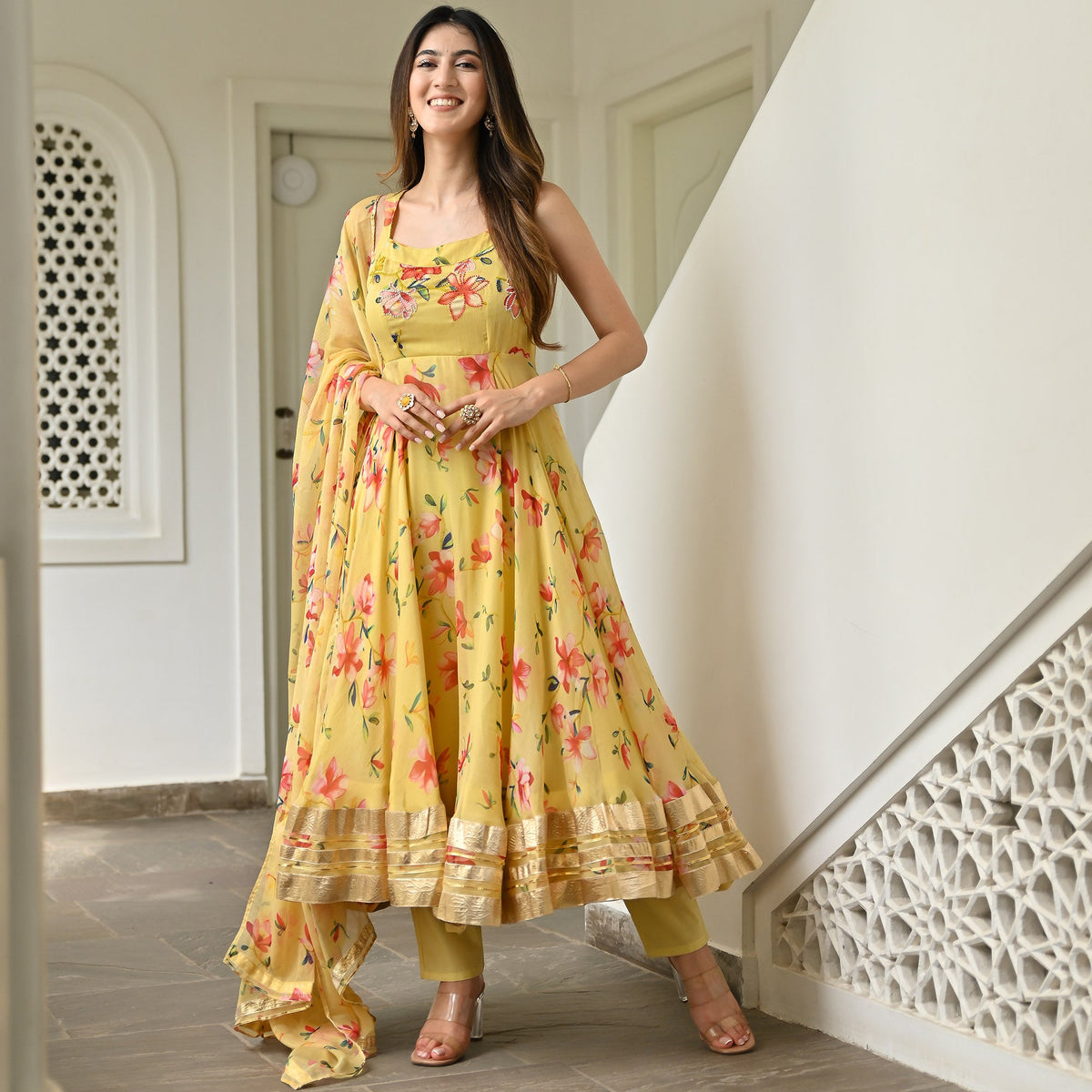 Yellow Printed Anarkali