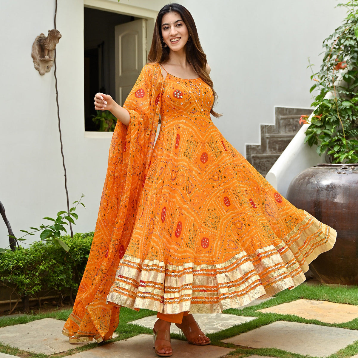 Orange Printed Anarkali