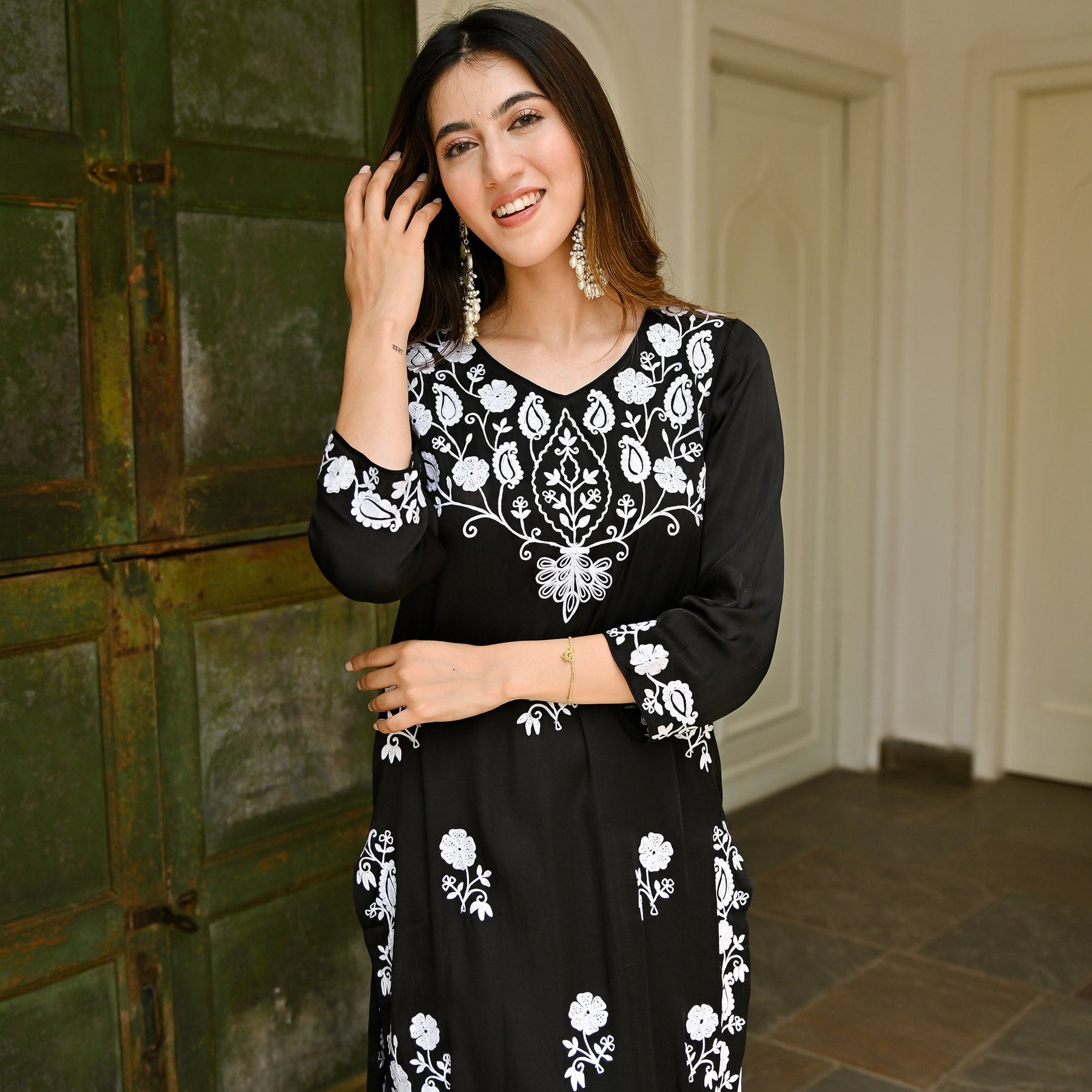 Black Modal Embroidery Kurta Set