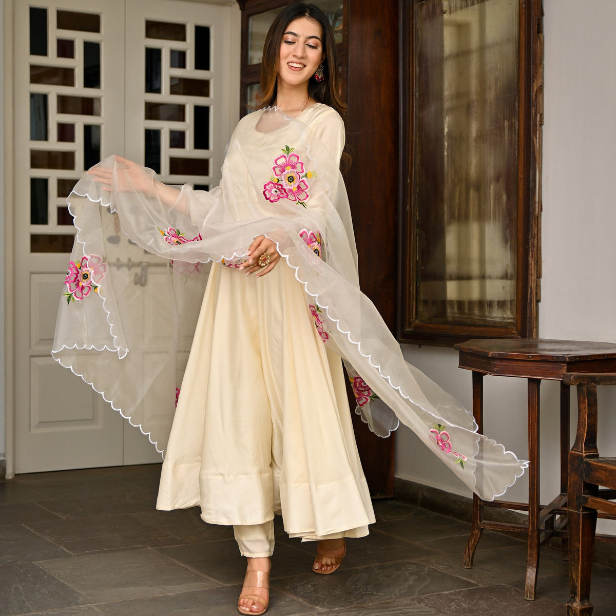 Ivory Silk Embroidered Anarkali Set