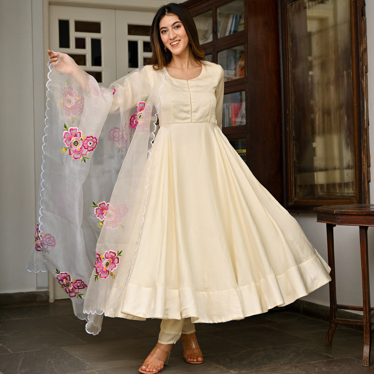 Ivory Silk Embroidered Anarkali Set