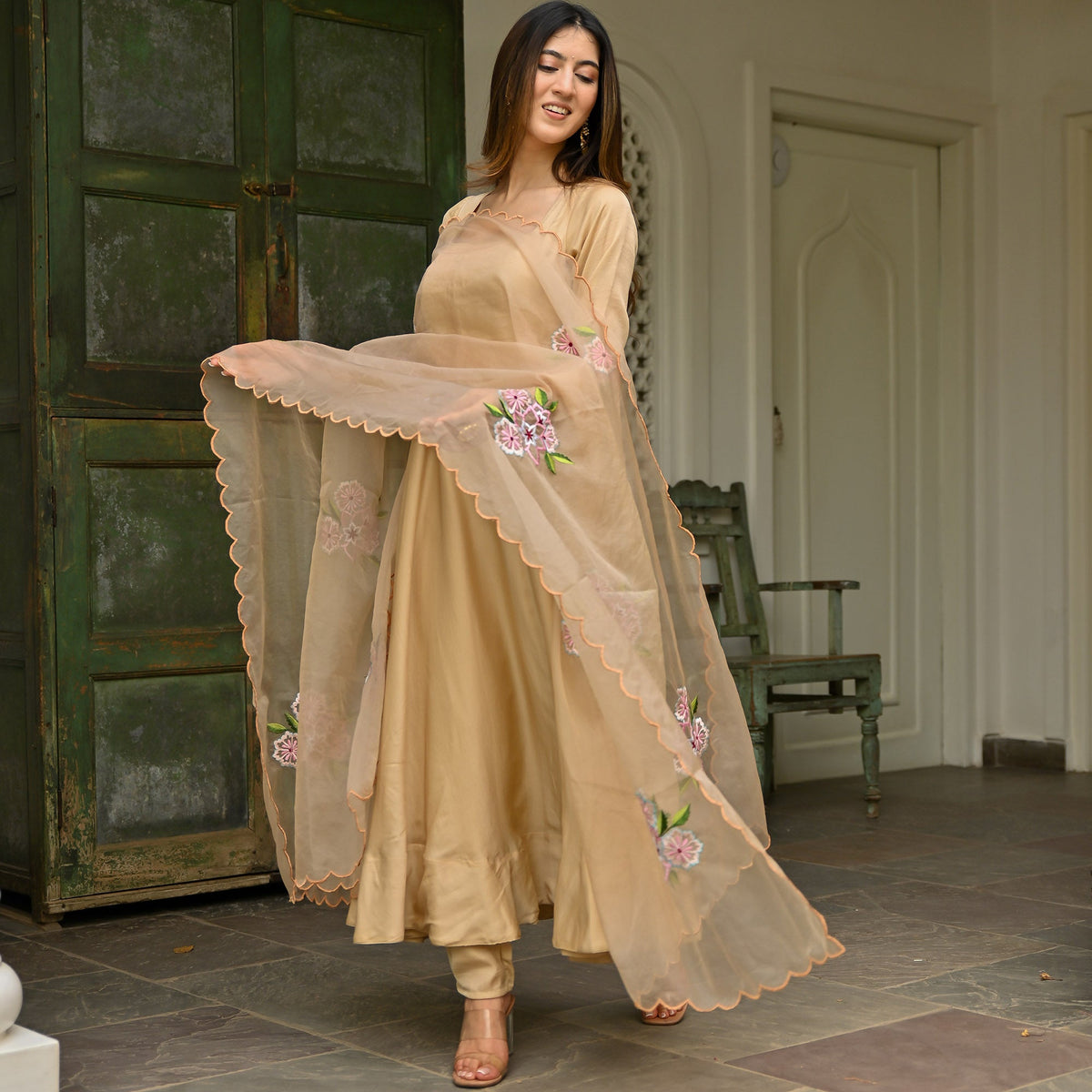 Beige Embroidered Anarkali Set