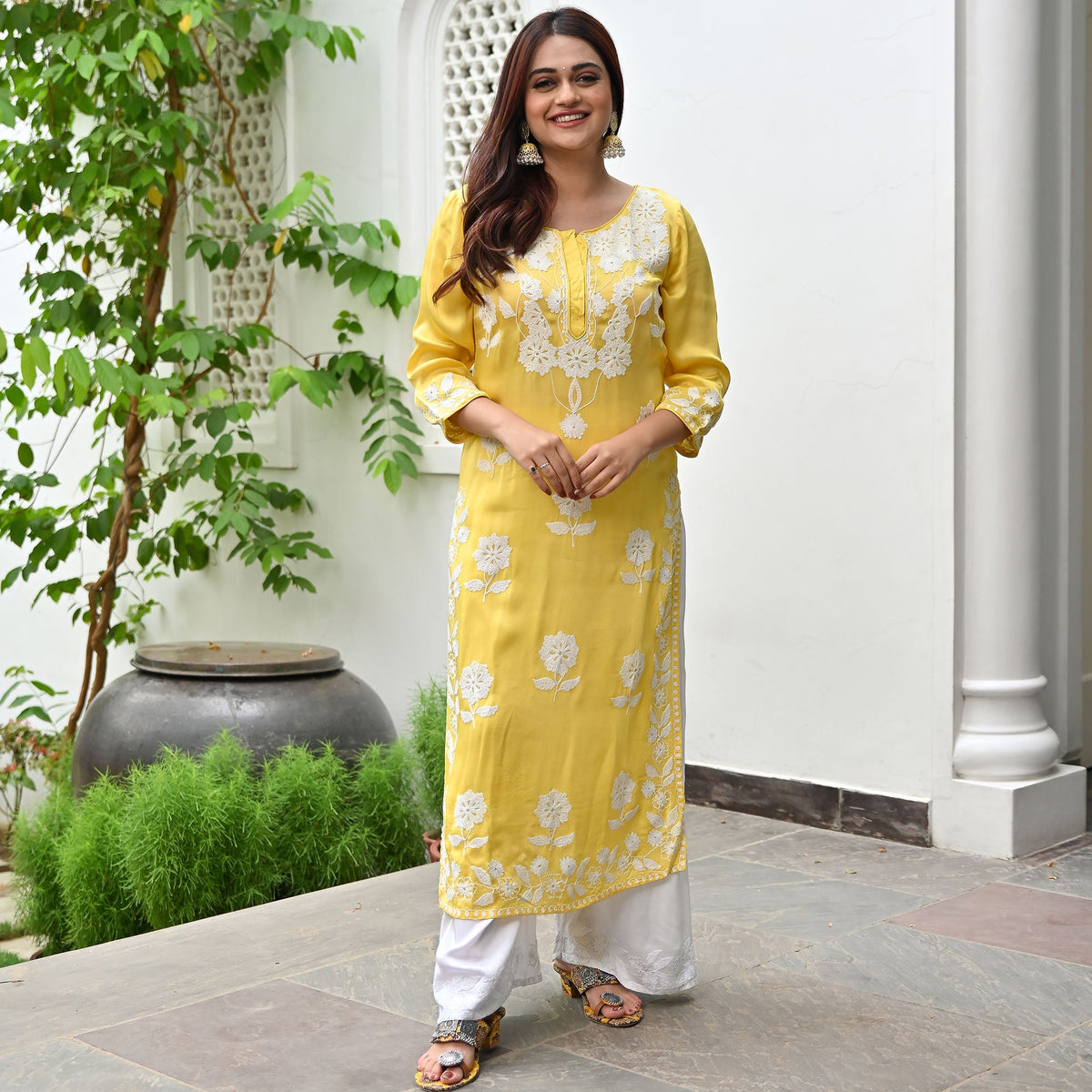 Yellow Modal Embroidery Kurta Set