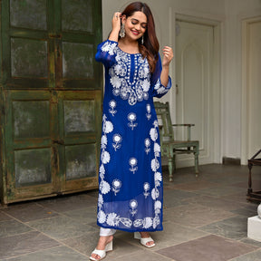 Blue Georgette Embroidery Kurta Set