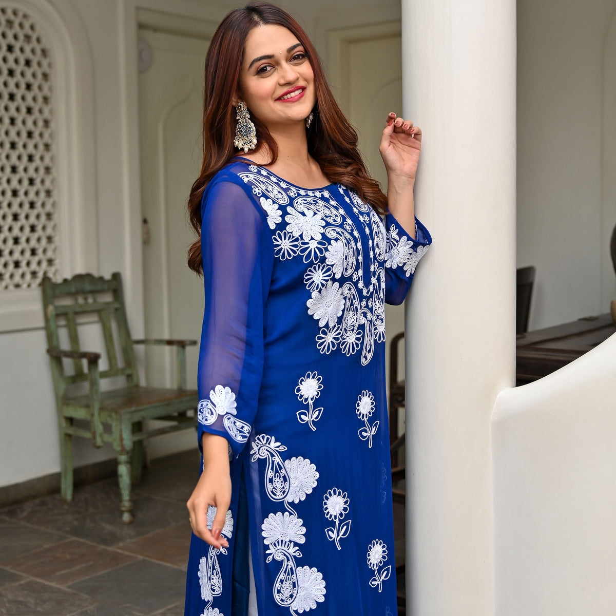 Blue Georgette Embroidery Kurta Set