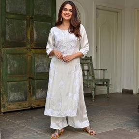 White Modal Embroidery Kurta Set