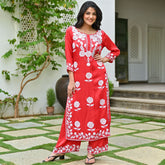 Red Modal Embroidered Kurta Set