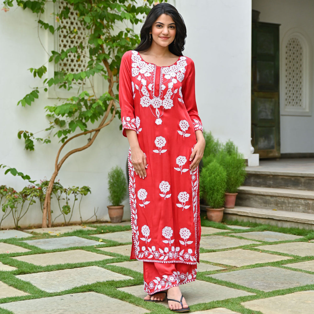 Red Modal Embroidered Kurta Set