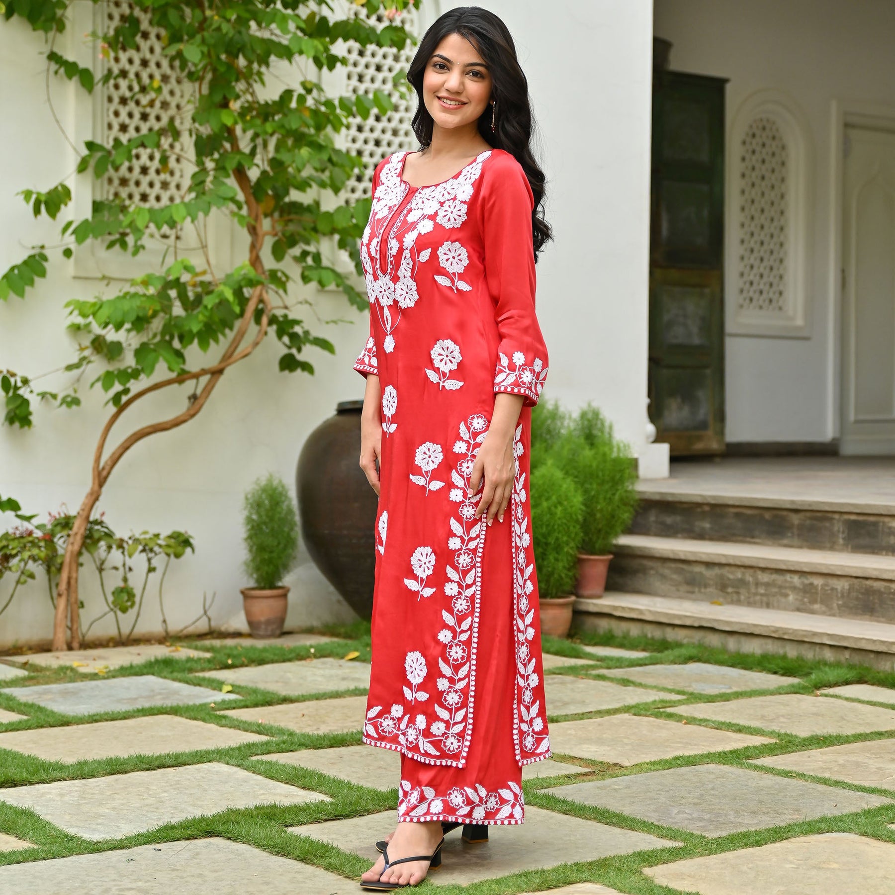 Red Modal Embroidered Kurta Set