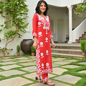 Red Modal Embroidered Kurta Set