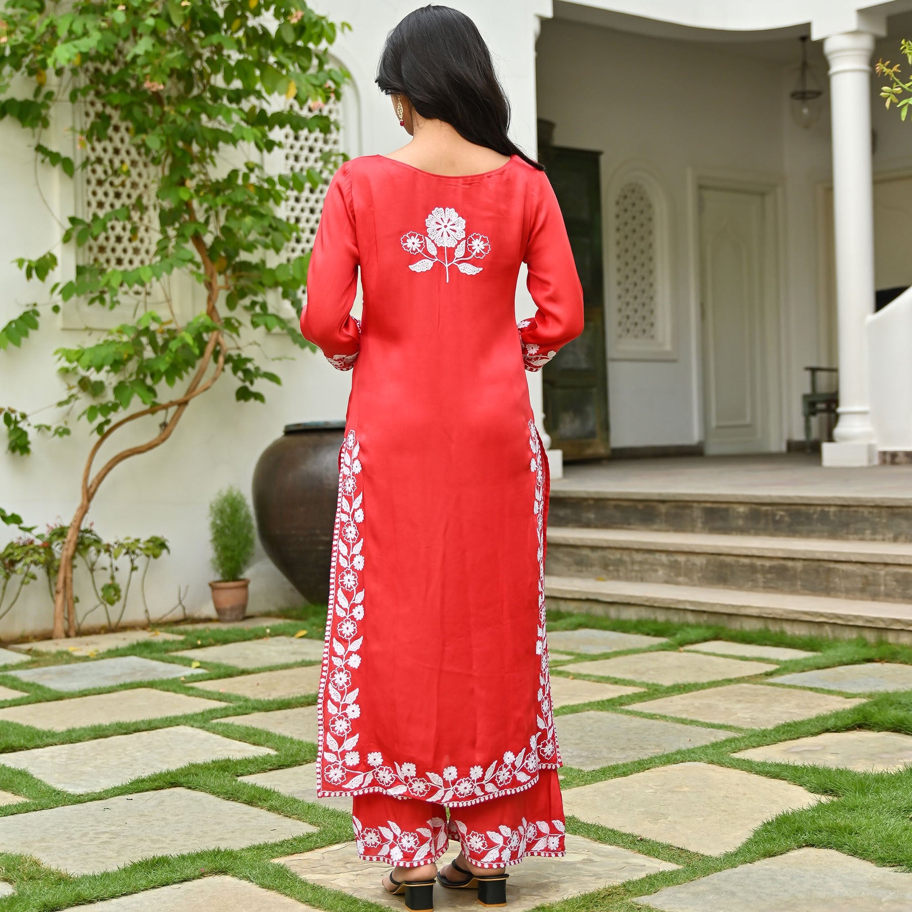 Red Modal Embroidered Kurta Set