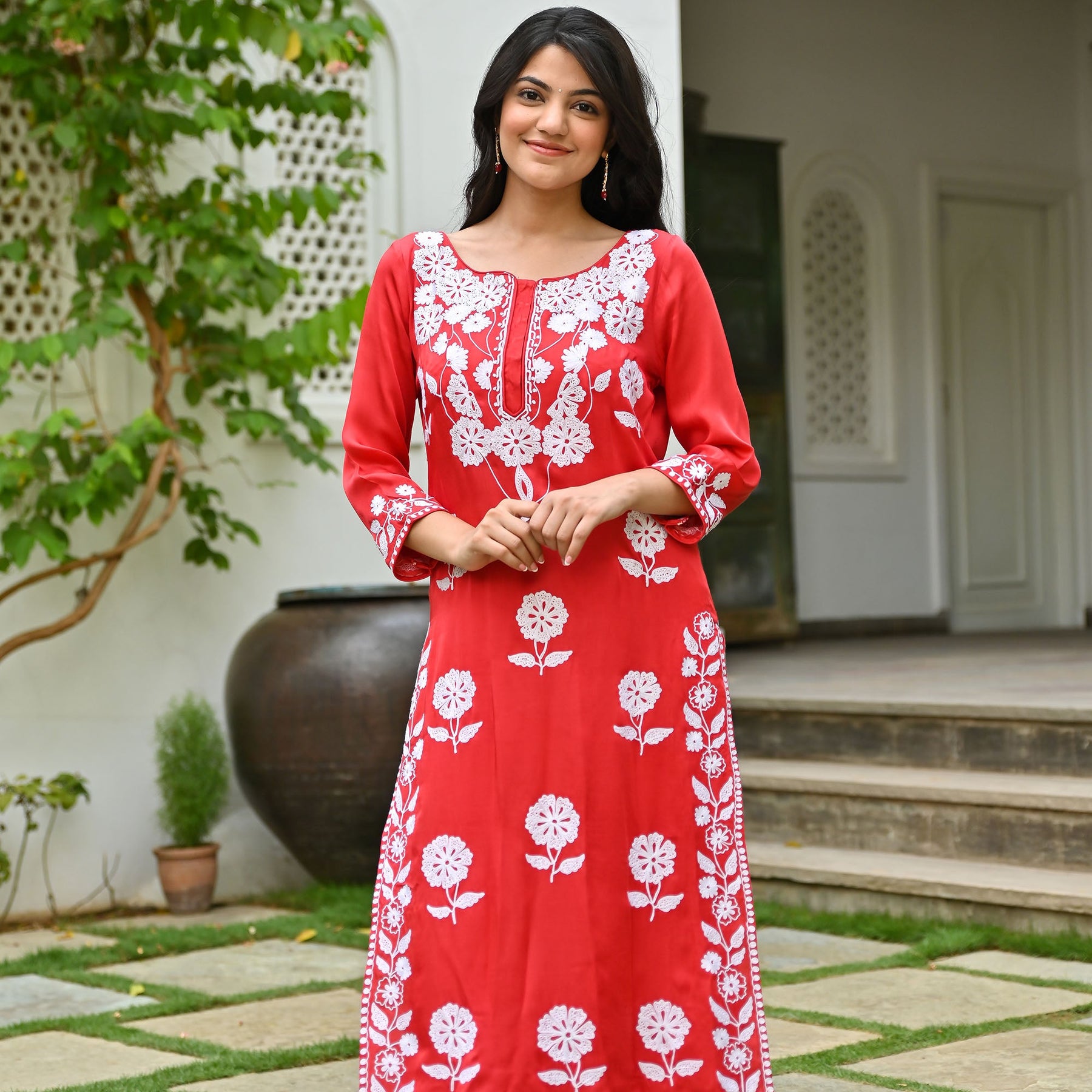 Red Modal Embroidered Kurta Set