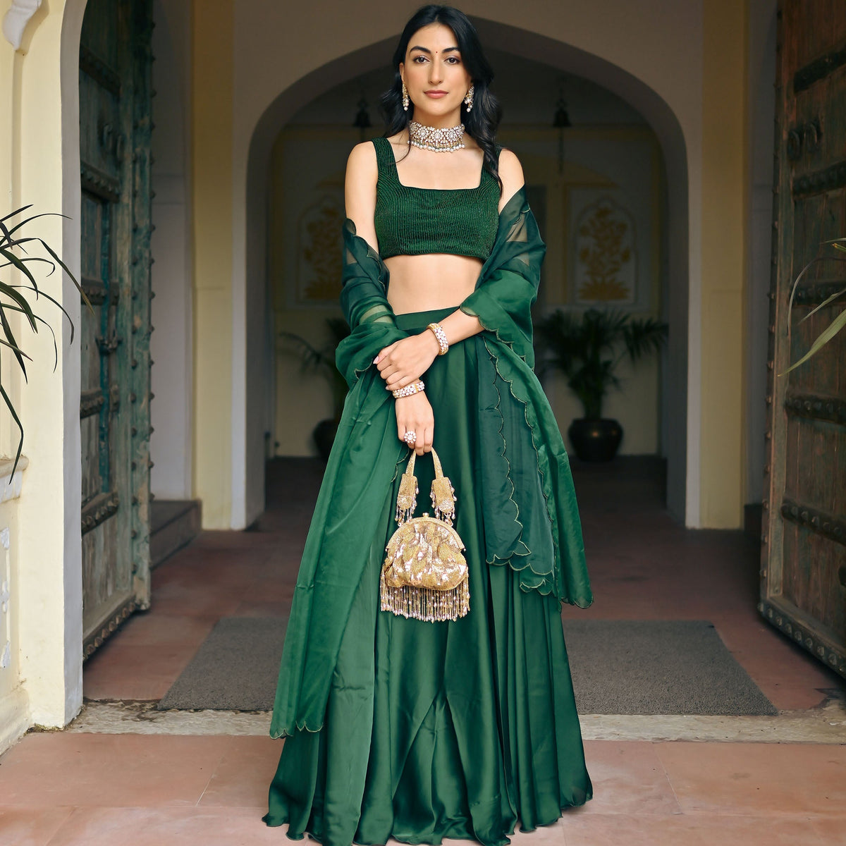 Green Handwork Blouse Lehenga Set