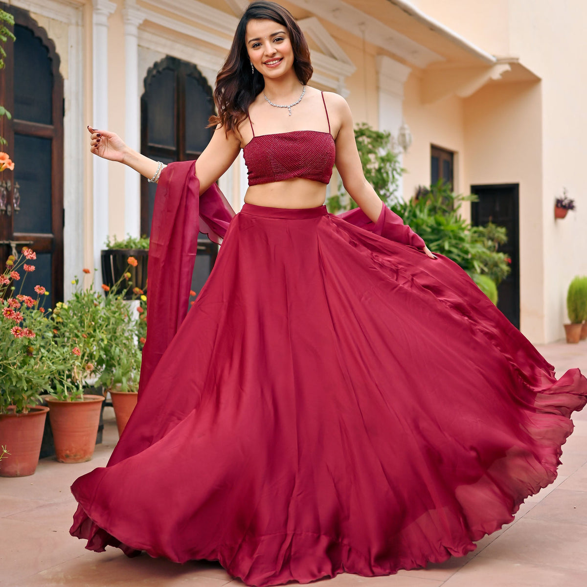 Maroon Handwork Blouse Lehenga Set