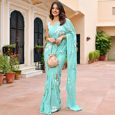 Sea Blue Handbrush Chiffon Saree