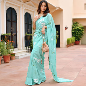 Sea Blue Handbrush Chiffon Saree