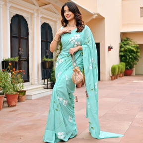 Sea Blue Handbrush Chiffon Saree