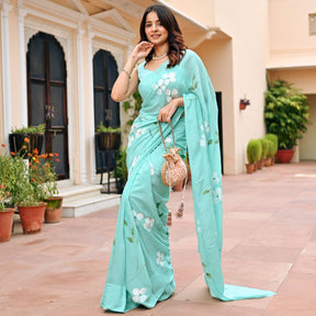 Sea Blue Handbrush Chiffon Saree