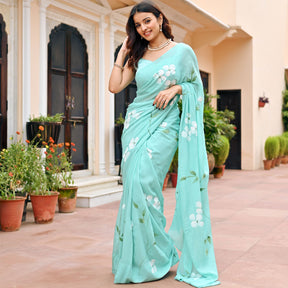 Sea Blue Handbrush Chiffon Saree