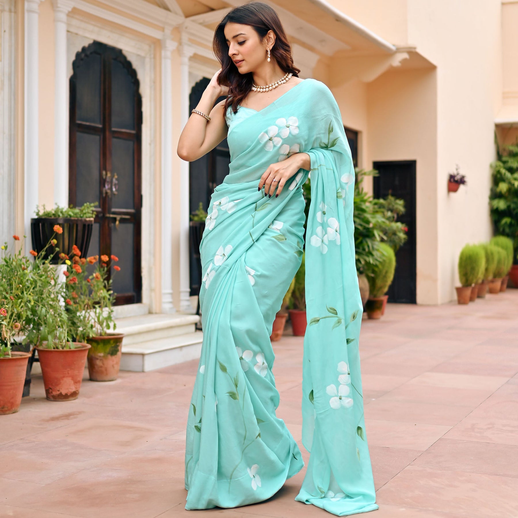 Sea Blue Handbrush Chiffon Saree