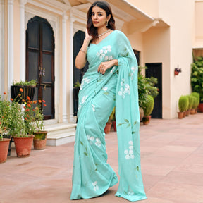 Sea Blue Handbrush Chiffon Saree