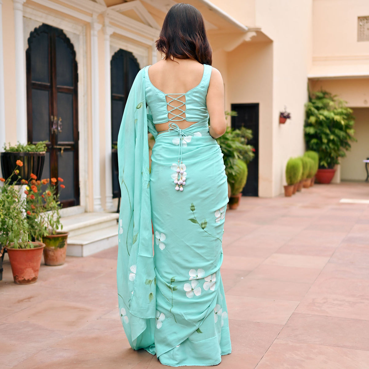 Sea Blue Handbrush Chiffon Saree