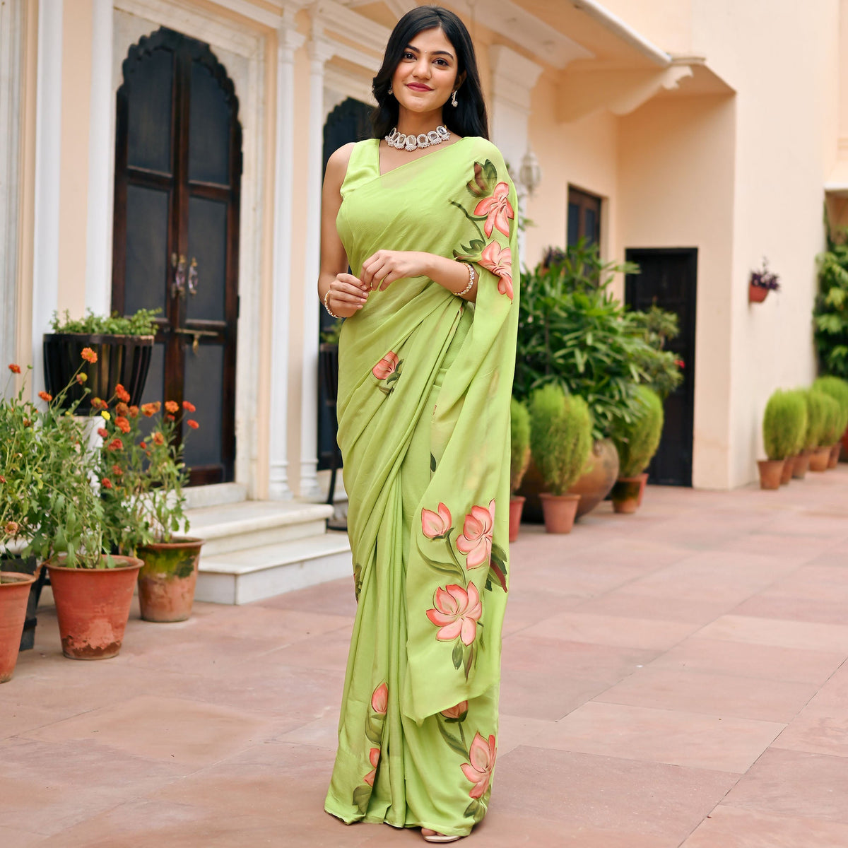 Green Handbrush Chiffon Saree