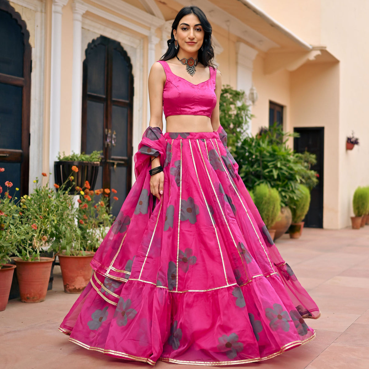 Pink Hand Painted Lehenga Set