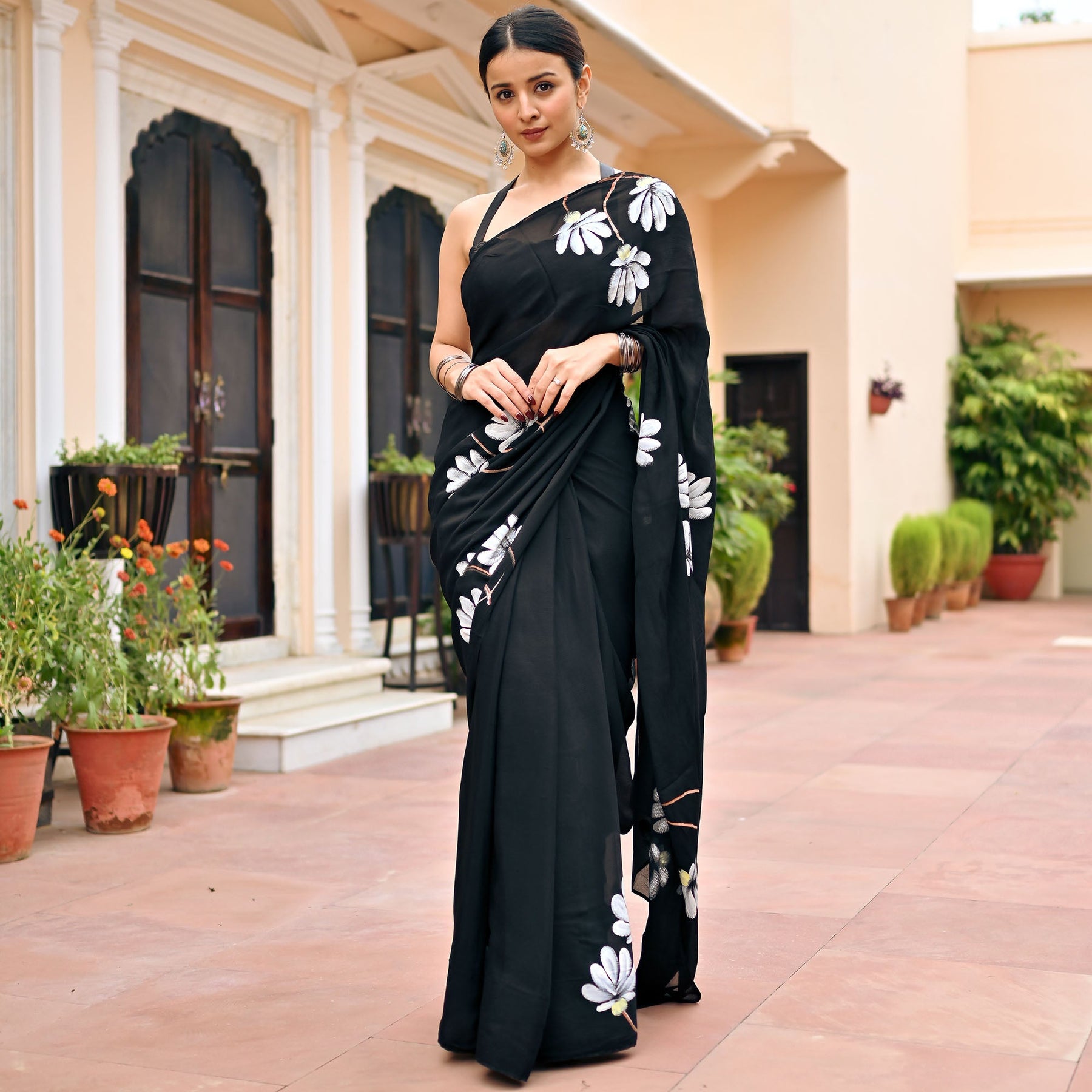 Black Handbrush Chiffon Saree