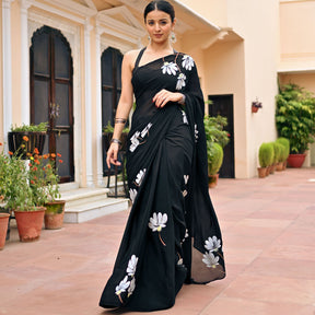 Black Handbrush Chiffon Saree