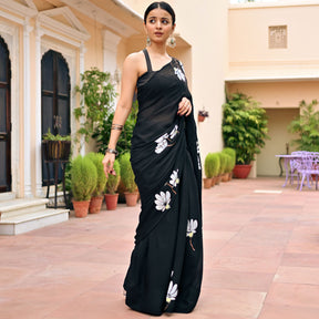 Black Handbrush Chiffon Saree