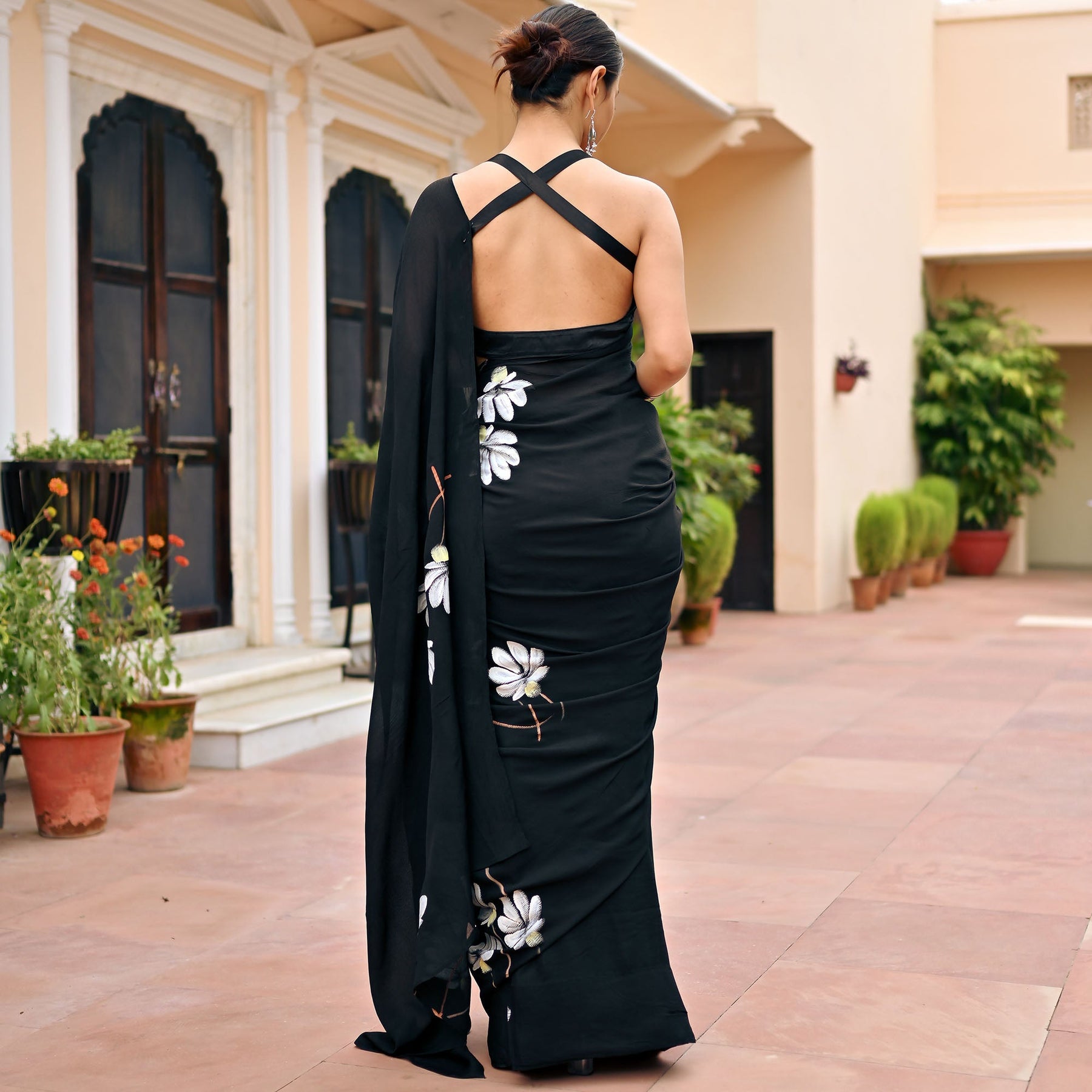 Black Handbrush Chiffon Saree