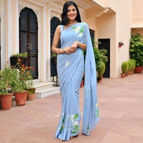 Blue Handbrush Chiffon Saree