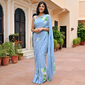 Blue Handbrush Chiffon Saree