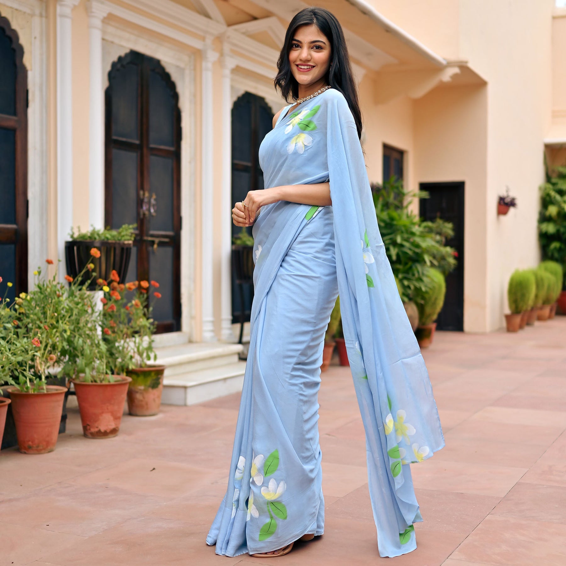 Blue Handbrush Chiffon Saree