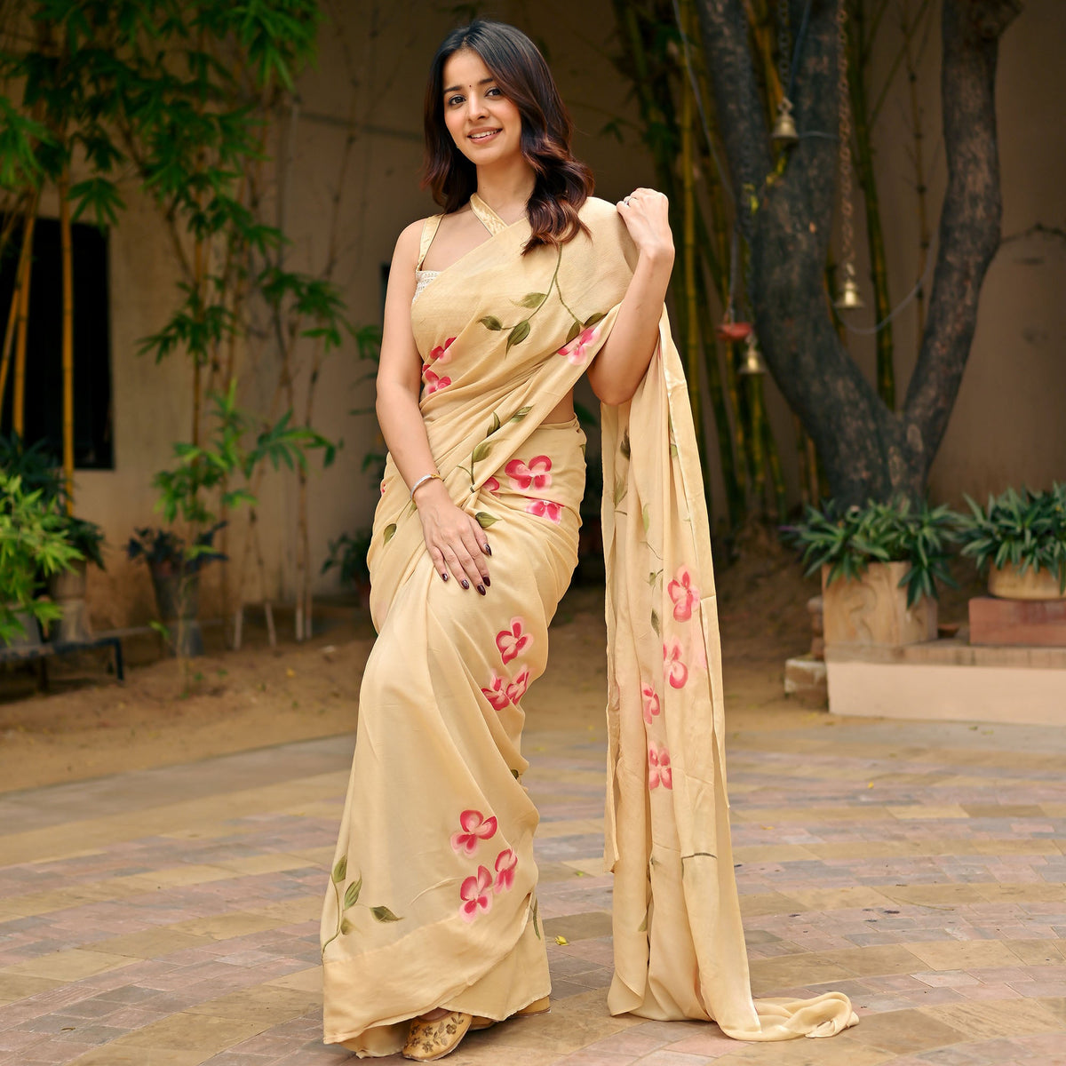 Beige Handbrush Chiffon Saree