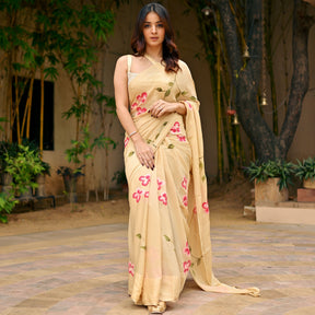 Beige Handbrush Chiffon Saree