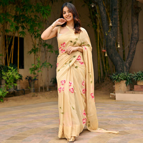 Beige Handbrush Chiffon Saree