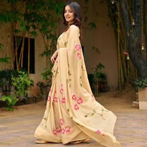 Beige Handbrush Chiffon Saree